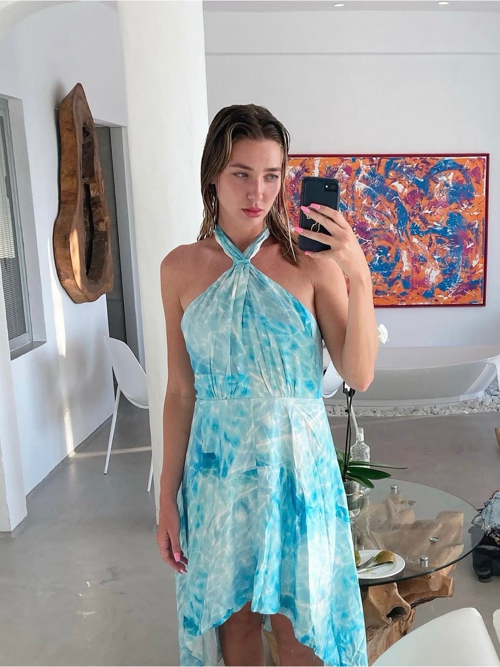 Light Blue water midi Halter Dress